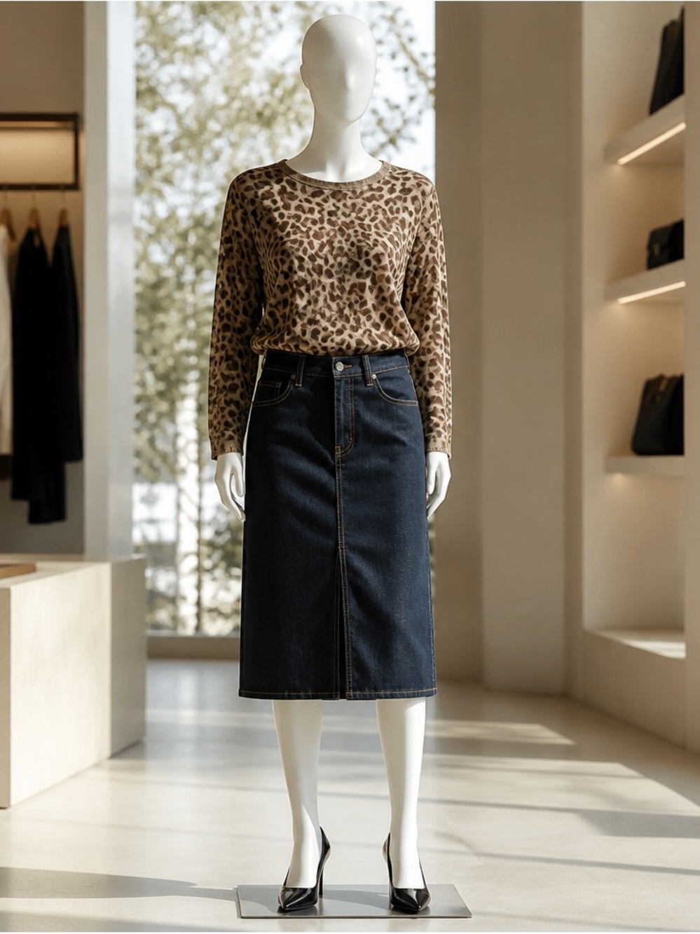 Leopard Print Long Sleeve Top with Dark Denim Midi Skirt